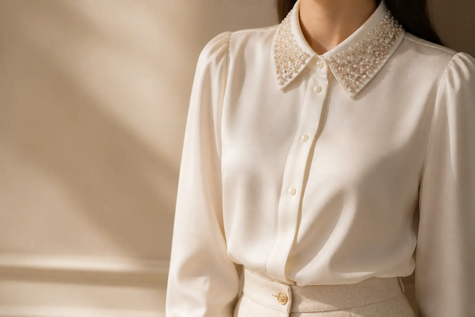 Gola Aurora branca com pérolas em blusa de cetim